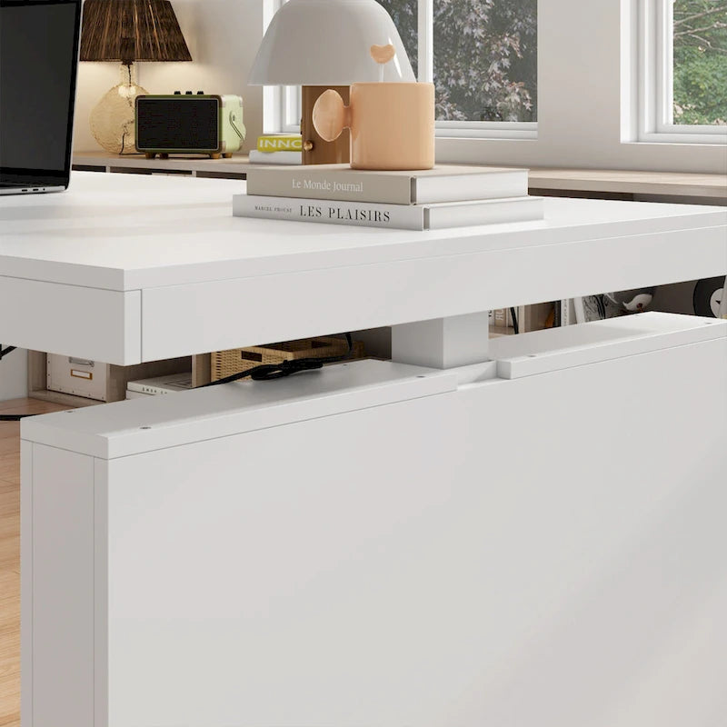 Ergonomischer Sitz-Steh-Schreibtisch in reinem Weiß mit seitlichem Schranktisch