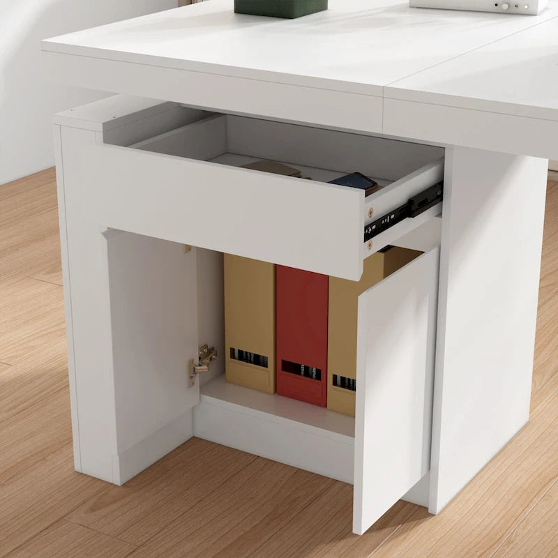 Ergonomischer Sitz-Steh-Schreibtisch in reinem Weiß mit seitlichem Schranktisch