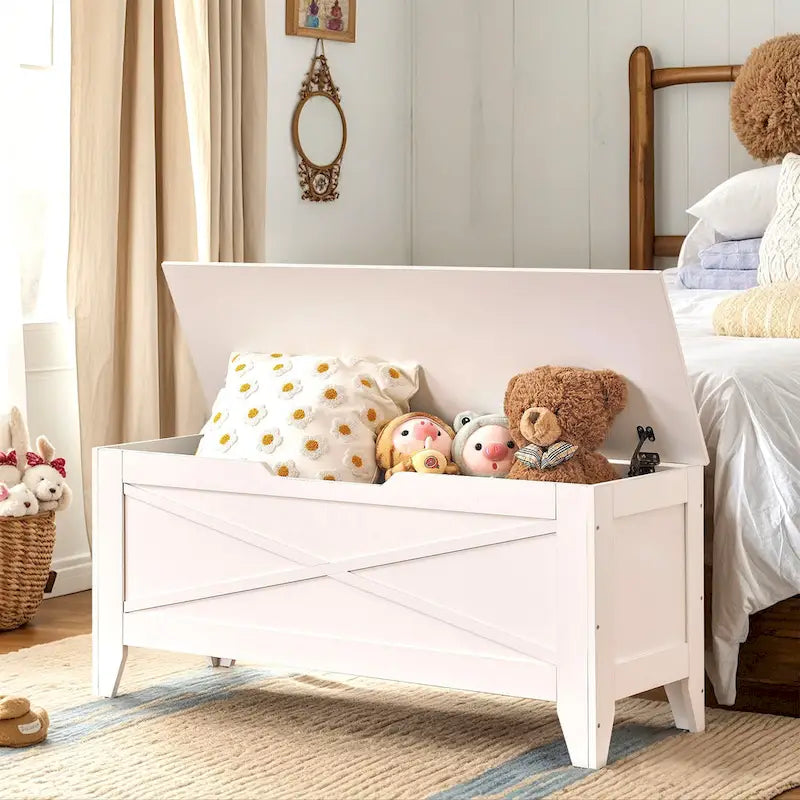 Banc coffre de rangement, coffre en bois avec tapis en osier, charnières de sécurité, banc à chaussures avec rangement pour l'entrée, coffre de rangement de style industriel
