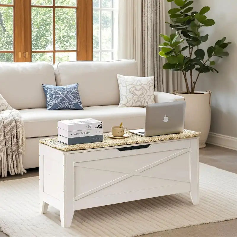 Banc coffre de rangement, coffre en bois avec tapis en osier, charnières de sécurité, banc à chaussures avec rangement pour l'entrée, coffre de rangement de style industriel