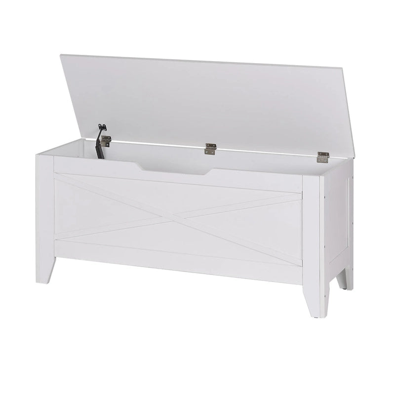 Banc coffre de rangement, coffre en bois avec tapis en osier, charnières de sécurité, banc à chaussures avec rangement pour l'entrée, coffre de rangement de style industriel