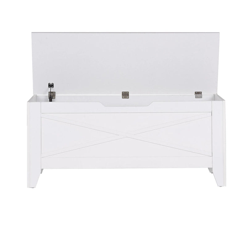 Banc coffre de rangement, coffre en bois avec tapis en osier, charnières de sécurité, banc à chaussures avec rangement pour l'entrée, coffre de rangement de style industriel