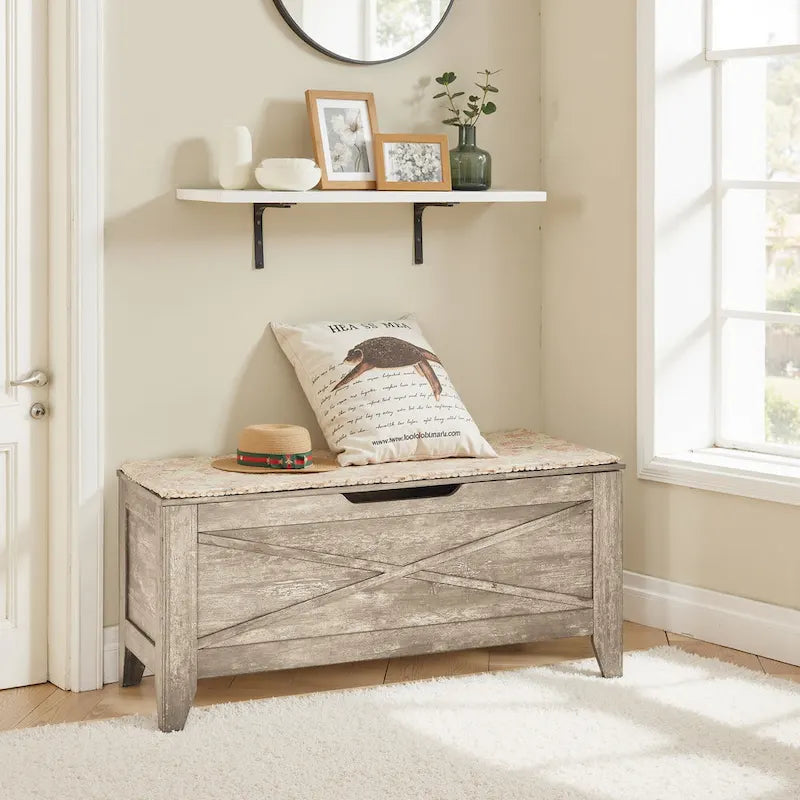 Banc coffre de rangement, coffre en bois avec tapis en osier, charnières de sécurité, banc à chaussures avec rangement pour l'entrée, coffre de rangement de style industriel