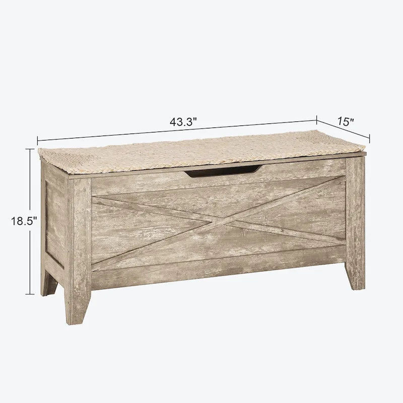 Banc coffre de rangement, coffre en bois avec tapis en osier, charnières de sécurité, banc à chaussures avec rangement pour l'entrée, coffre de rangement de style industriel