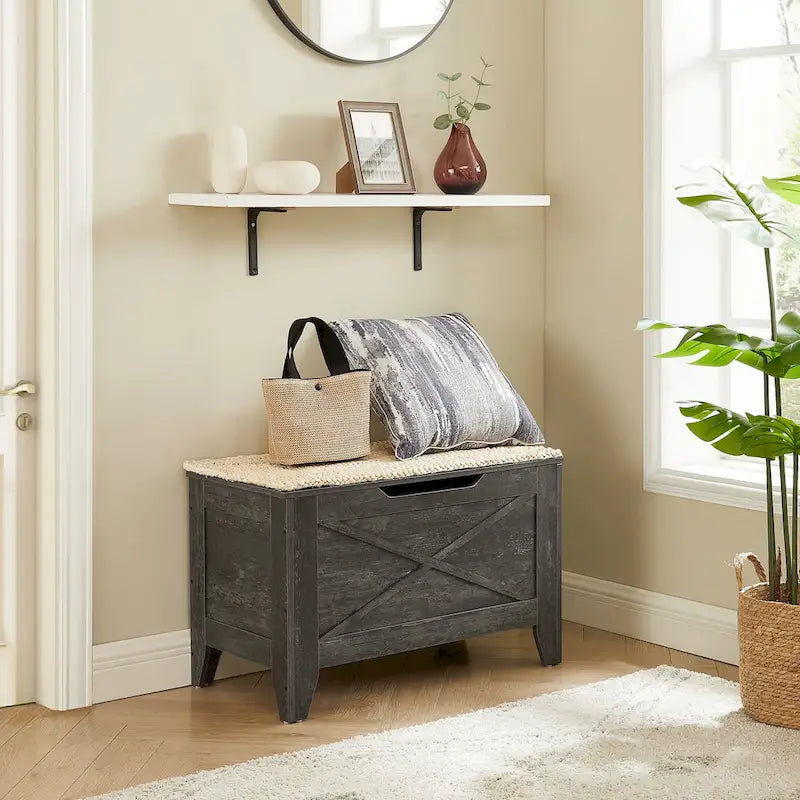 Banc coffre de rangement, coffre en bois avec tapis en osier, charnières de sécurité, banc à chaussures avec rangement pour l'entrée, coffre de rangement de style industriel