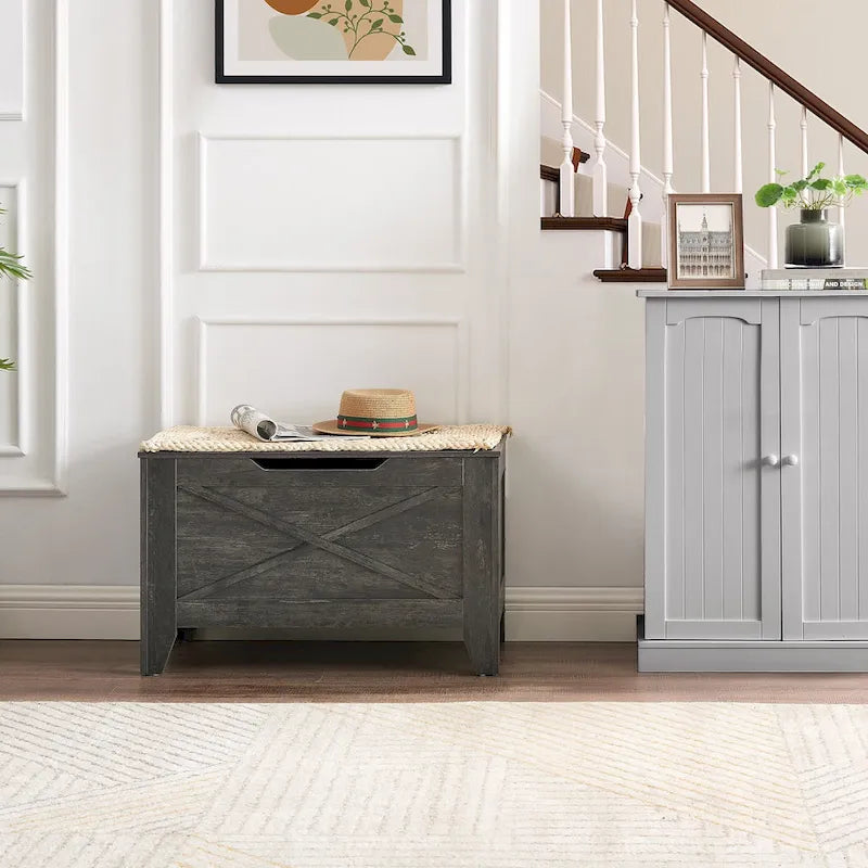 Banc coffre de rangement, coffre en bois avec tapis en osier, charnières de sécurité, banc à chaussures avec rangement pour l'entrée, coffre de rangement de style industriel