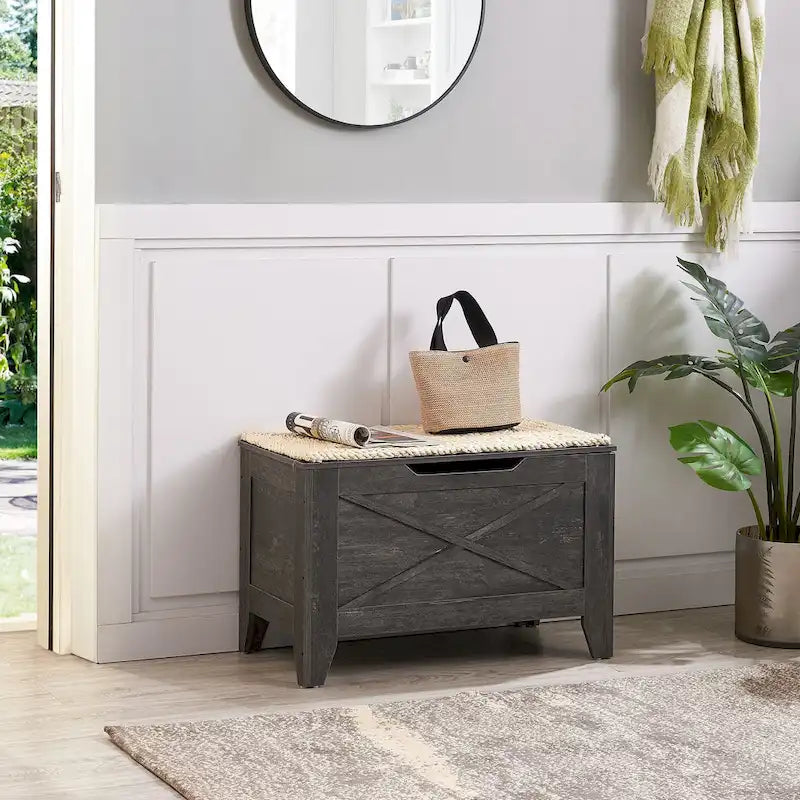 Banc coffre de rangement, coffre en bois avec tapis en osier, charnières de sécurité, banc à chaussures avec rangement pour l'entrée, coffre de rangement de style industriel