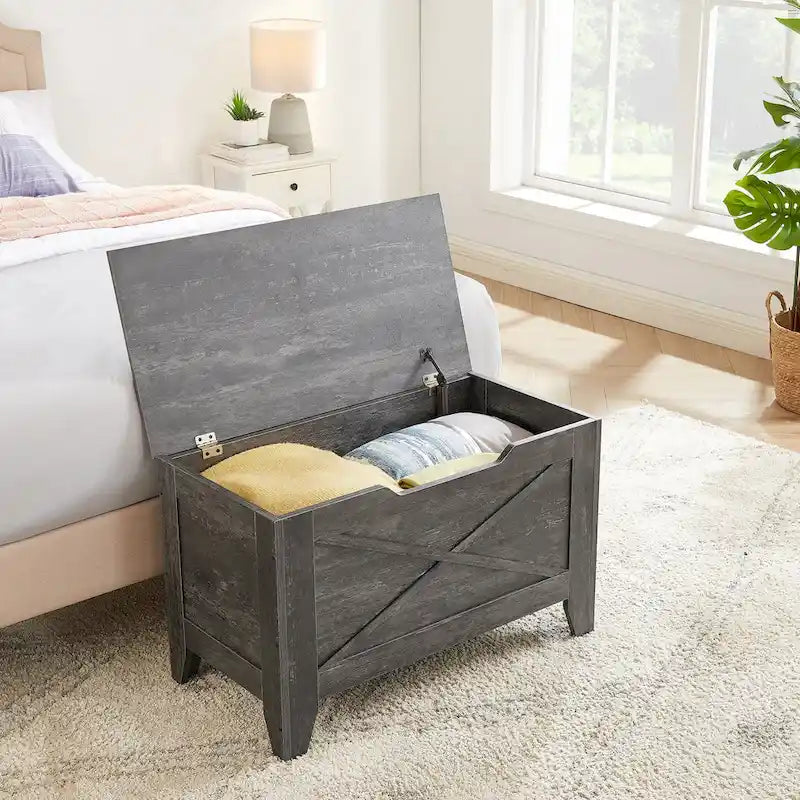 Banc coffre de rangement, coffre en bois avec tapis en osier, charnières de sécurité, banc à chaussures avec rangement pour l'entrée, coffre de rangement de style industriel
