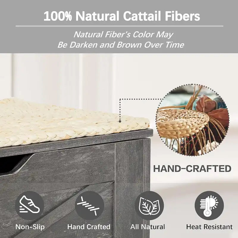 Banc coffre de rangement, coffre en bois avec tapis en osier, charnières de sécurité, banc à chaussures avec rangement pour l'entrée, coffre de rangement de style industriel