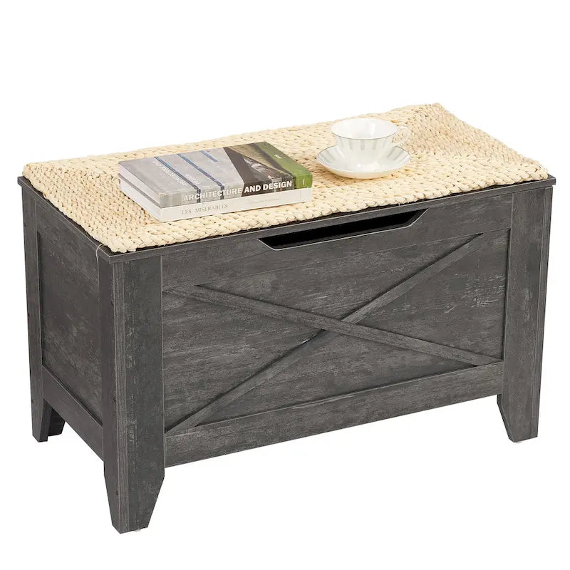 Banc coffre de rangement, coffre en bois avec tapis en osier, charnières de sécurité, banc à chaussures avec rangement pour l'entrée, coffre de rangement de style industriel