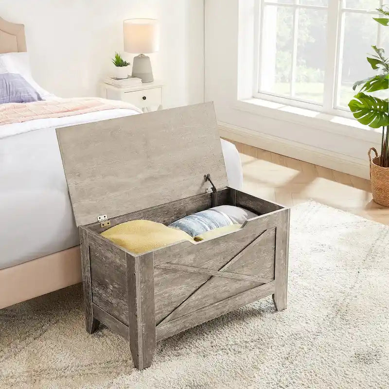 Banc coffre de rangement, coffre en bois avec tapis en osier, charnières de sécurité, banc à chaussures avec rangement pour l'entrée, coffre de rangement de style industriel