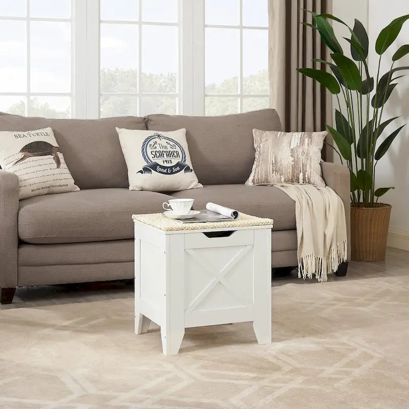 Banc coffre de rangement, coffre en bois avec tapis en osier, charnières de sécurité, banc à chaussures avec rangement pour l'entrée, coffre de rangement de style industriel