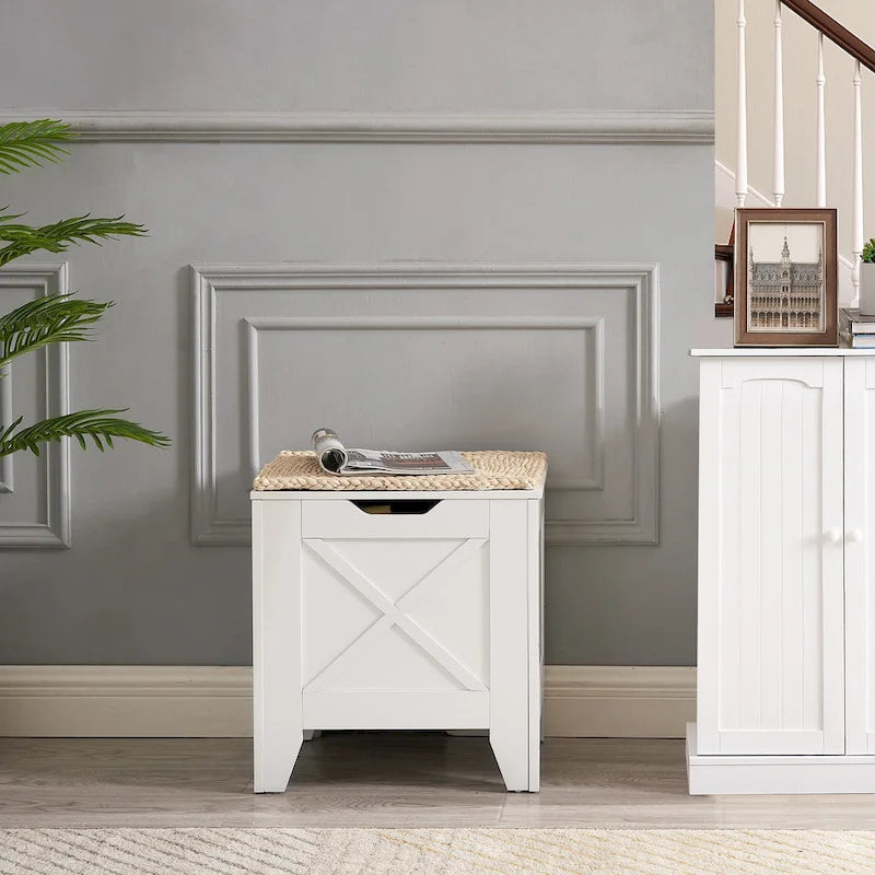 Banc coffre de rangement, coffre en bois avec tapis en osier, charnières de sécurité, banc à chaussures avec rangement pour l'entrée, coffre de rangement de style industriel