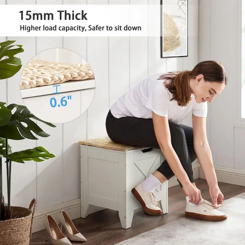 Banc coffre de rangement, coffre en bois avec tapis en osier, charnières de sécurité, banc à chaussures avec rangement pour l'entrée, coffre de rangement de style industriel