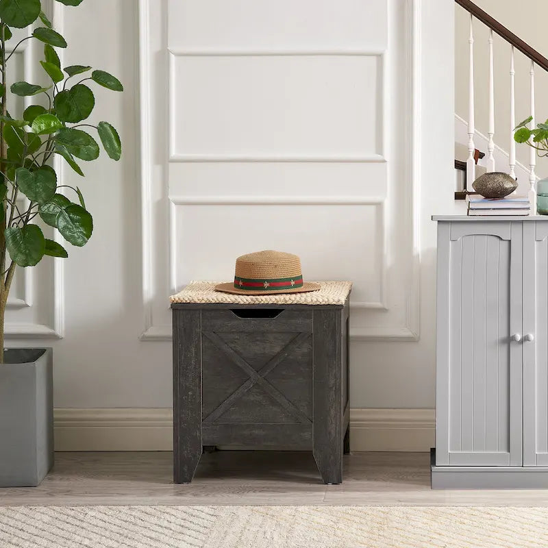 Banc coffre de rangement, coffre en bois avec tapis en osier, charnières de sécurité, banc à chaussures avec rangement pour l'entrée, coffre de rangement de style industriel