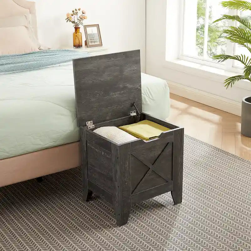 Banc coffre de rangement, coffre en bois avec tapis en osier, charnières de sécurité, banc à chaussures avec rangement pour l'entrée, coffre de rangement de style industriel