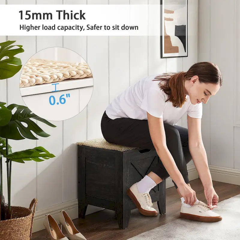 Banc coffre de rangement, coffre en bois avec tapis en osier, charnières de sécurité, banc à chaussures avec rangement pour l'entrée, coffre de rangement de style industriel