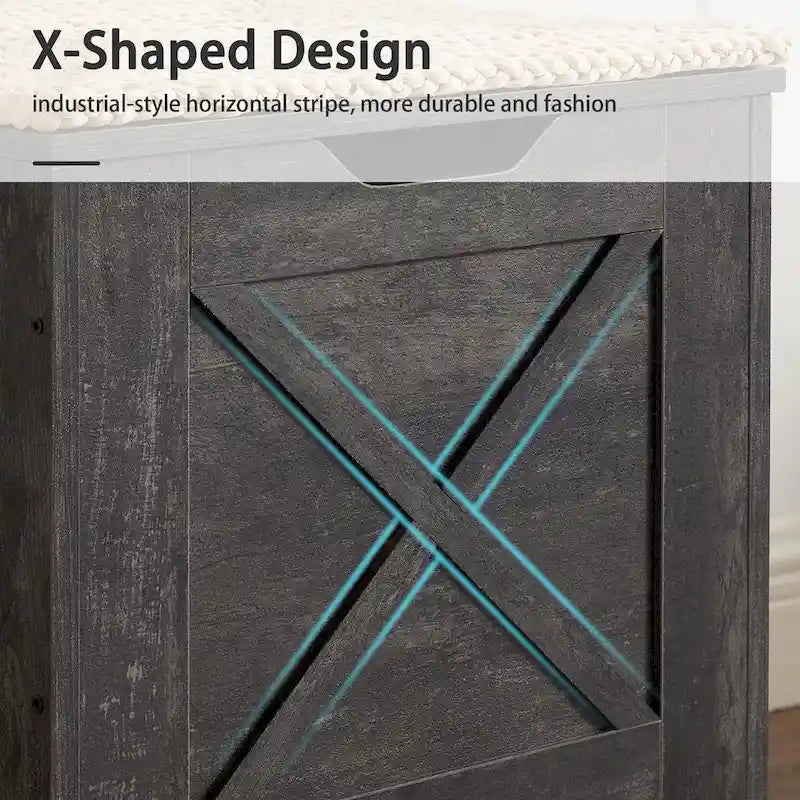 Banc coffre de rangement, coffre en bois avec tapis en osier, charnières de sécurité, banc à chaussures avec rangement pour l'entrée, coffre de rangement de style industriel