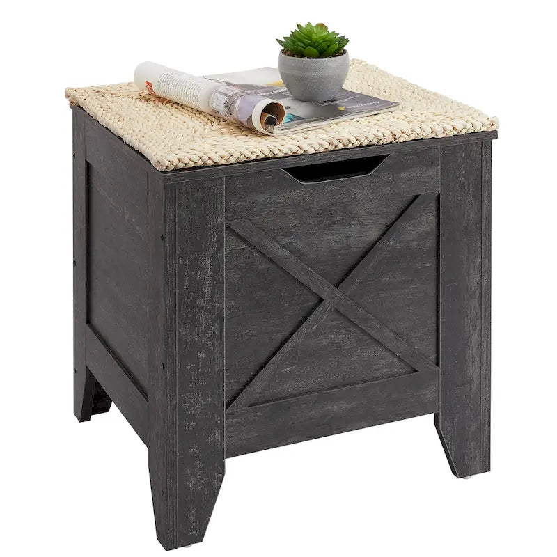 Banc coffre de rangement, coffre en bois avec tapis en osier, charnières de sécurité, banc à chaussures avec rangement pour l'entrée, coffre de rangement de style industriel