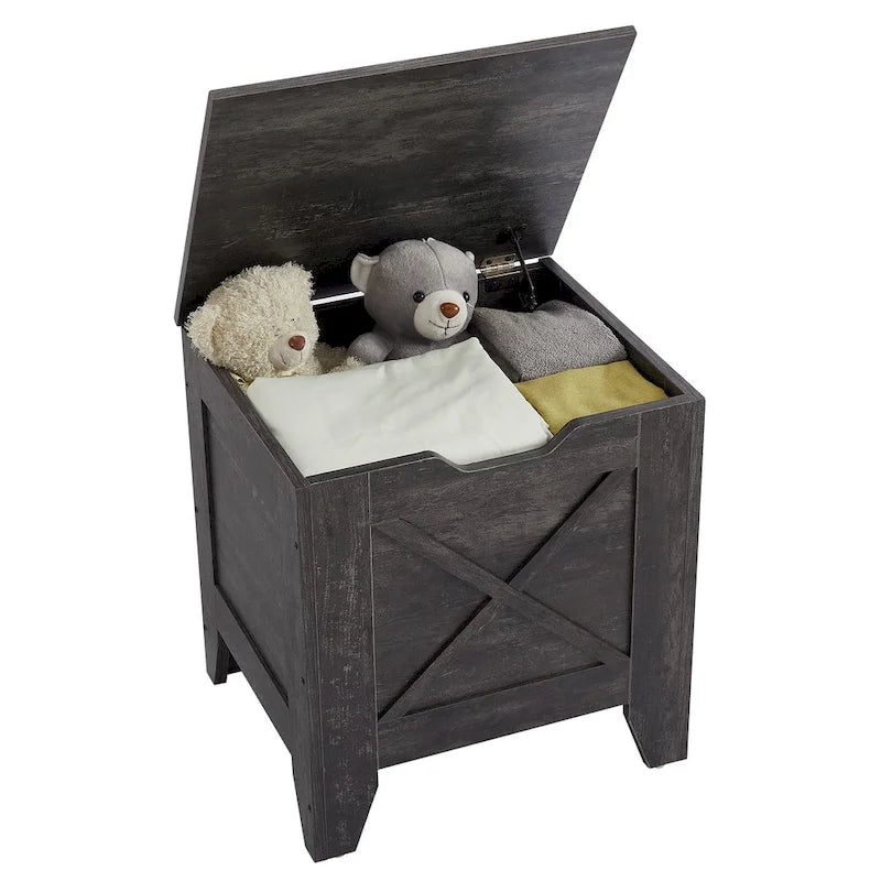 Banc coffre de rangement, coffre en bois avec tapis en osier, charnières de sécurité, banc à chaussures avec rangement pour l'entrée, coffre de rangement de style industriel