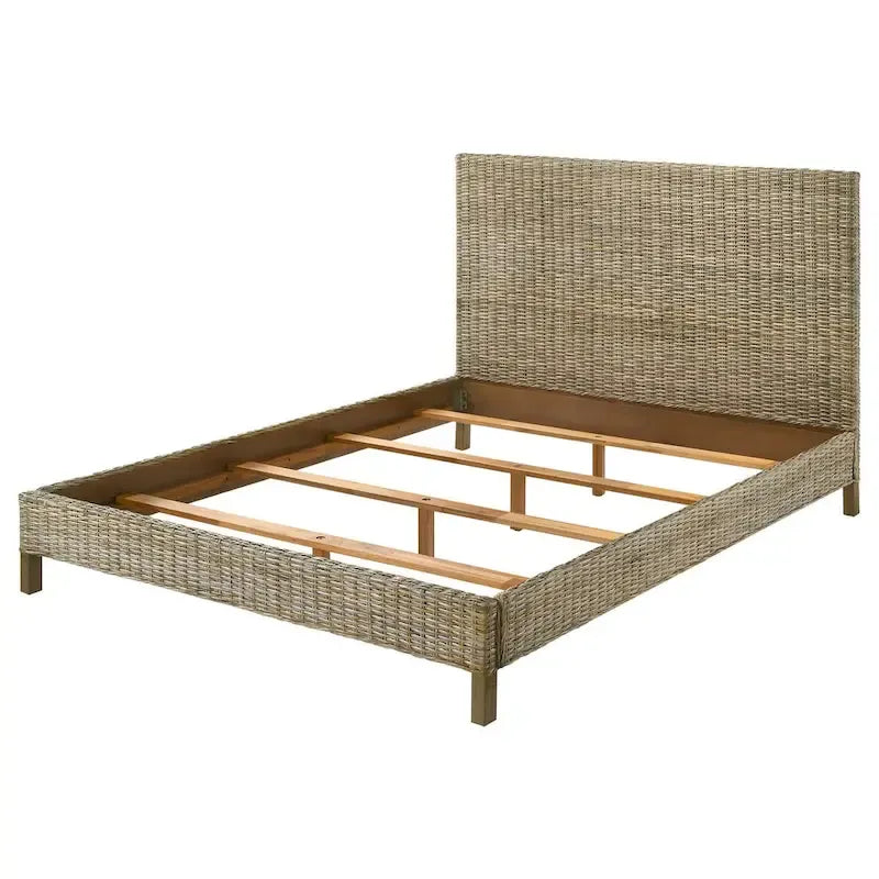 Kingsize-Bett, Rattan-Geflecht, Paneel-Kopfteil, graues Mahagoni