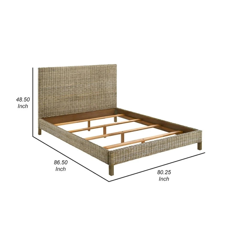 Kingsize-Bett, Rattan-Geflecht, Paneel-Kopfteil, graues Mahagoni