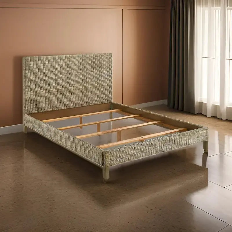 Kingsize-Bett, Rattan-Geflecht, Paneel-Kopfteil, graues Mahagoni