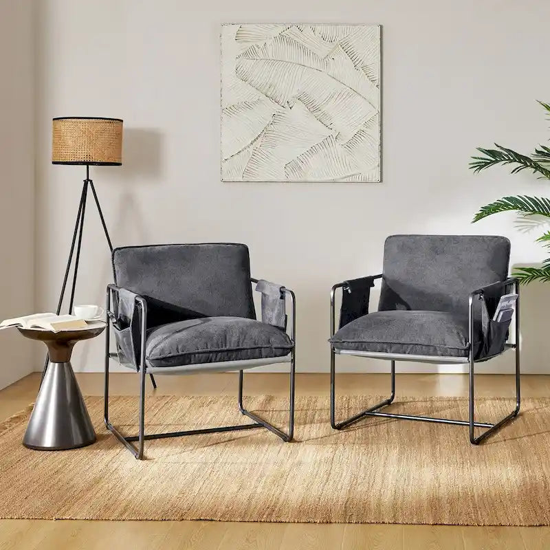 Fauteuil moderne à structure métallique avec poches de rangement, lot de 2, par
