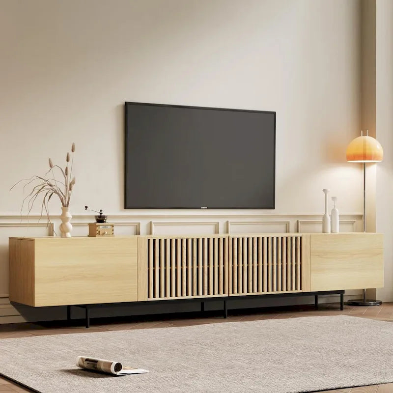 Stijlvolle moderne tv-standaard uit het midden van de eeuw voor tv's tot 80 inch. Veel opbergruimte voor media-apparaten, kabelmanagement. Eenvoudige montage.