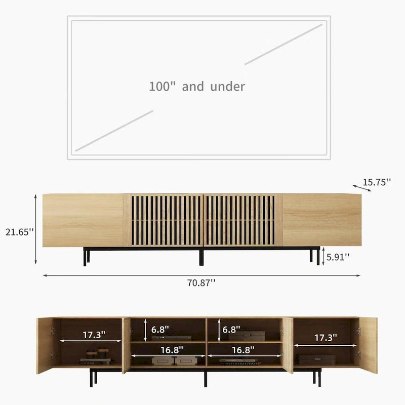 Stijlvolle moderne tv-standaard uit het midden van de eeuw voor tv's tot 80 inch. Veel opbergruimte voor media-apparaten, kabelmanagement. Eenvoudige montage.