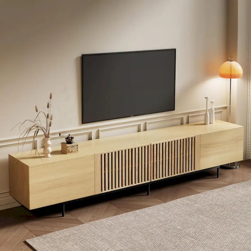 Stijlvolle moderne tv-standaard uit het midden van de eeuw voor tv's tot 80 inch. Veel opbergruimte voor media-apparaten, kabelmanagement. Eenvoudige montage.