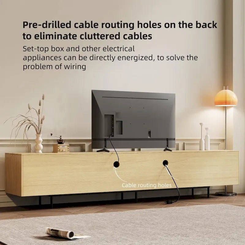 Stijlvolle moderne tv-standaard uit het midden van de eeuw voor tv's tot 80 inch. Veel opbergruimte voor media-apparaten, kabelmanagement. Eenvoudige montage.