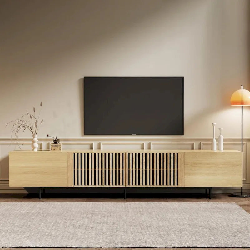 Stijlvolle moderne tv-standaard uit het midden van de eeuw voor tv's tot 80 inch. Veel opbergruimte voor media-apparaten, kabelmanagement. Eenvoudige montage.