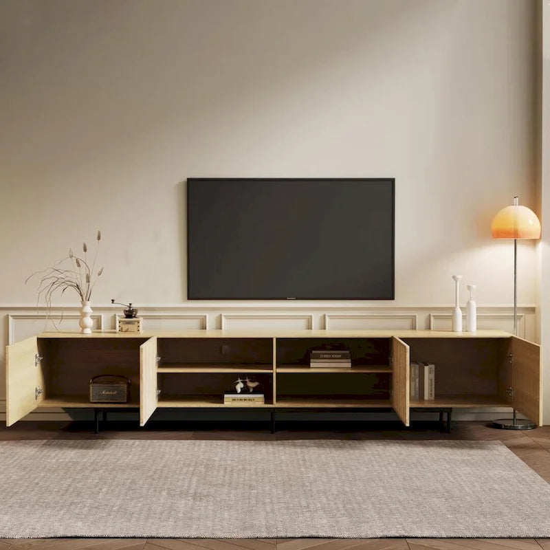 Stijlvolle moderne tv-standaard uit het midden van de eeuw voor tv's tot 80 inch. Veel opbergruimte voor media-apparaten, kabelmanagement. Eenvoudige montage.