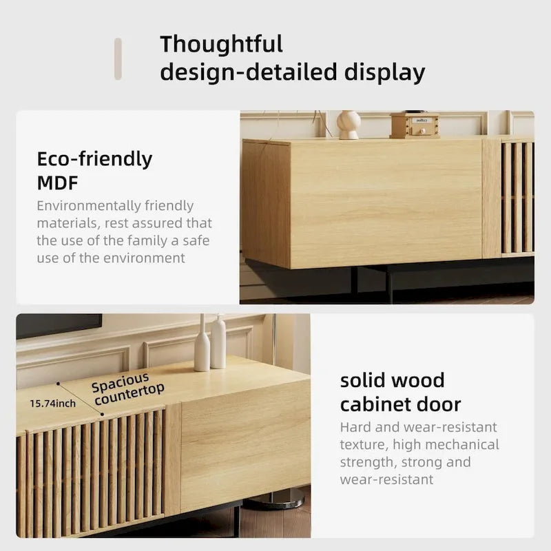 Stijlvolle moderne tv-standaard uit het midden van de eeuw voor tv's tot 80 inch. Veel opbergruimte voor media-apparaten, kabelmanagement. Eenvoudige montage.