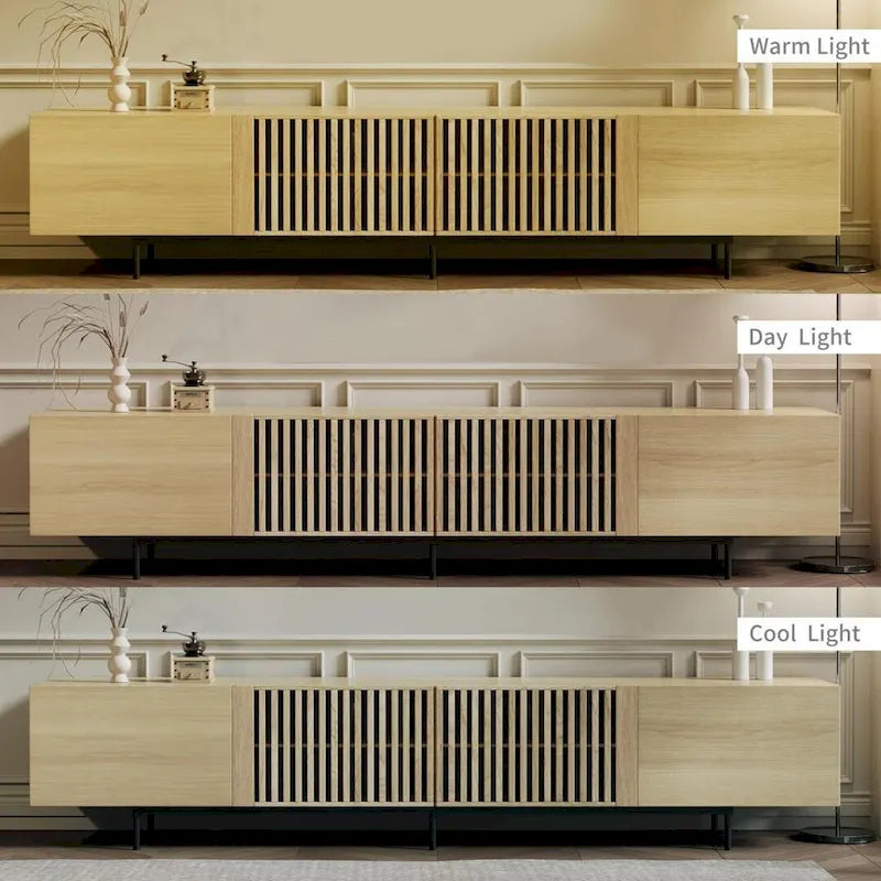 Stijlvolle moderne tv-standaard uit het midden van de eeuw voor tv's tot 80 inch. Veel opbergruimte voor media-apparaten, kabelmanagement. Eenvoudige montage.