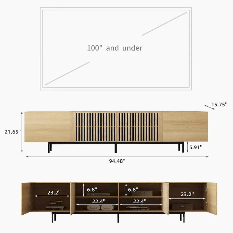 Stijlvolle moderne tv-standaard uit het midden van de eeuw voor tv's tot 80 inch. Veel opbergruimte voor media-apparaten, kabelmanagement. Eenvoudige montage.