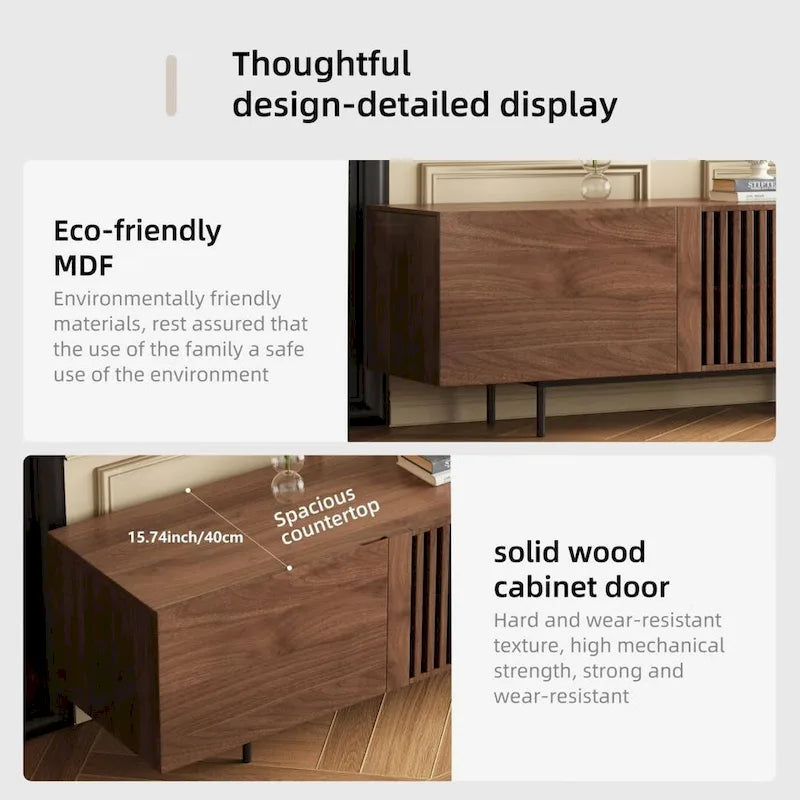 Stijlvolle moderne tv-standaard uit het midden van de eeuw voor tv's tot 80 inch. Veel opbergruimte voor media-apparaten, kabelmanagement. Eenvoudige montage.