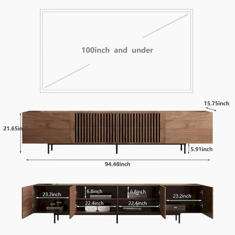 Stijlvolle moderne tv-standaard uit het midden van de eeuw voor tv's tot 80 inch. Veel opbergruimte voor media-apparaten, kabelmanagement. Eenvoudige montage.