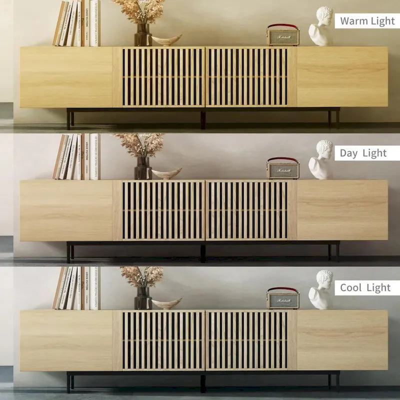 Stijlvolle moderne tv-standaard uit het midden van de eeuw voor tv's tot 80 inch. Veel opbergruimte voor media-apparaten, kabelmanagement. Eenvoudige montage.
