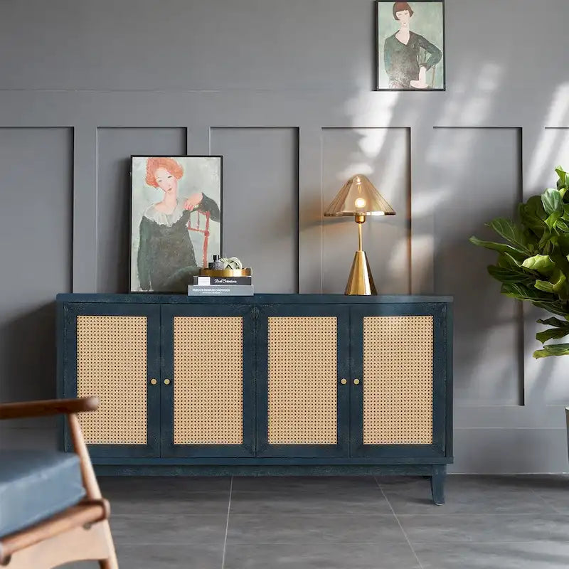 Handgefertigte Seitenwand mit hochwertiger Maserung, Rattan-Sideboard und Buffet-Schrank, Akzent-Stauraumschrank, Marineblau - N/A