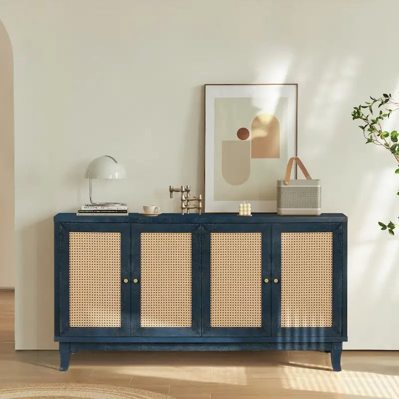 Handgefertigte Seitenwand mit hochwertiger Maserung, Rattan-Sideboard und Buffet-Schrank, Akzent-Stauraumschrank, Marineblau - N/A