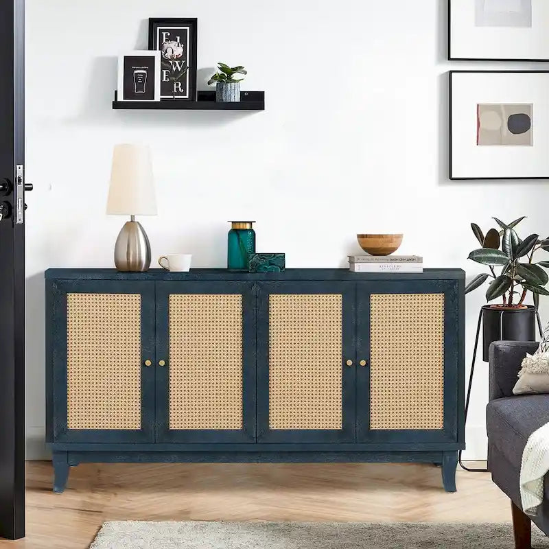 Handgefertigte Seitenwand mit hochwertiger Maserung, Rattan-Sideboard und Buffet-Schrank, Akzent-Stauraumschrank, Marineblau - N/A