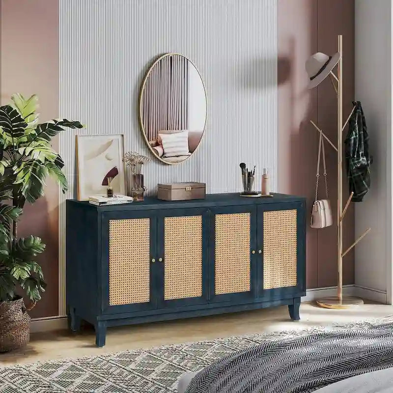 Handgefertigte Seitenwand mit hochwertiger Maserung, Rattan-Sideboard und Buffet-Schrank, Akzent-Stauraumschrank, Marineblau - N/A