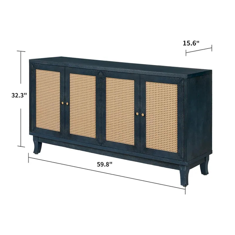 Handgefertigte Seitenwand mit hochwertiger Maserung, Rattan-Sideboard und Buffet-Schrank, Akzent-Stauraumschrank, Marineblau - N/A