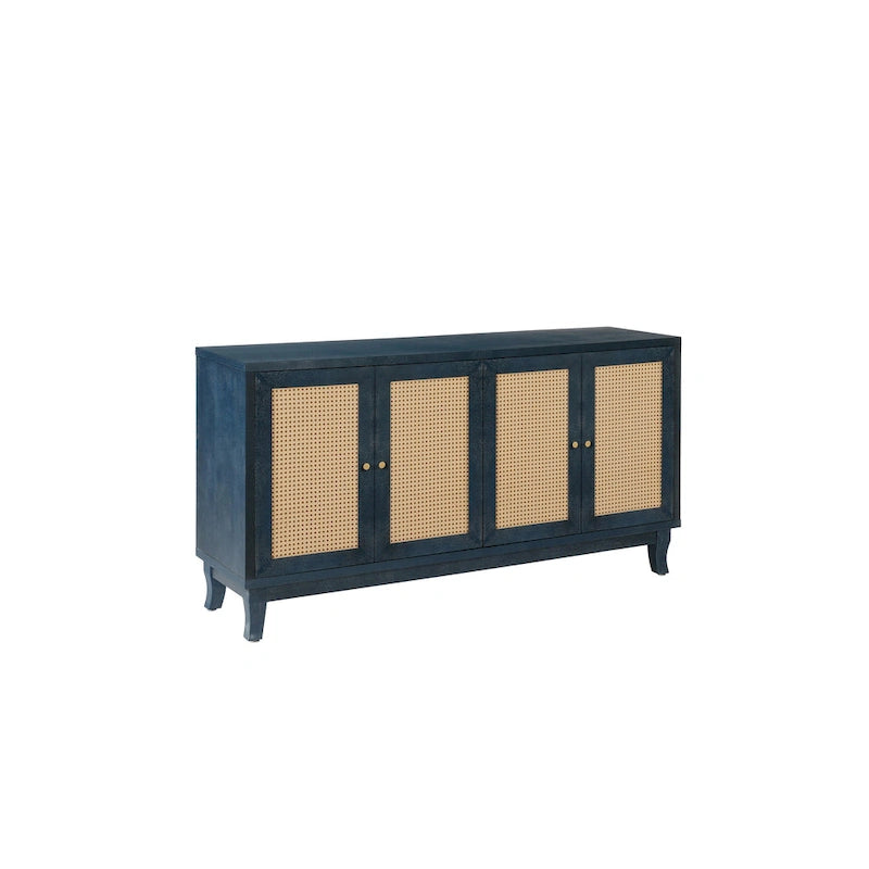 Handgefertigte Seitenwand mit hochwertiger Maserung, Rattan-Sideboard und Buffet-Schrank, Akzent-Stauraumschrank, Marineblau - N/A